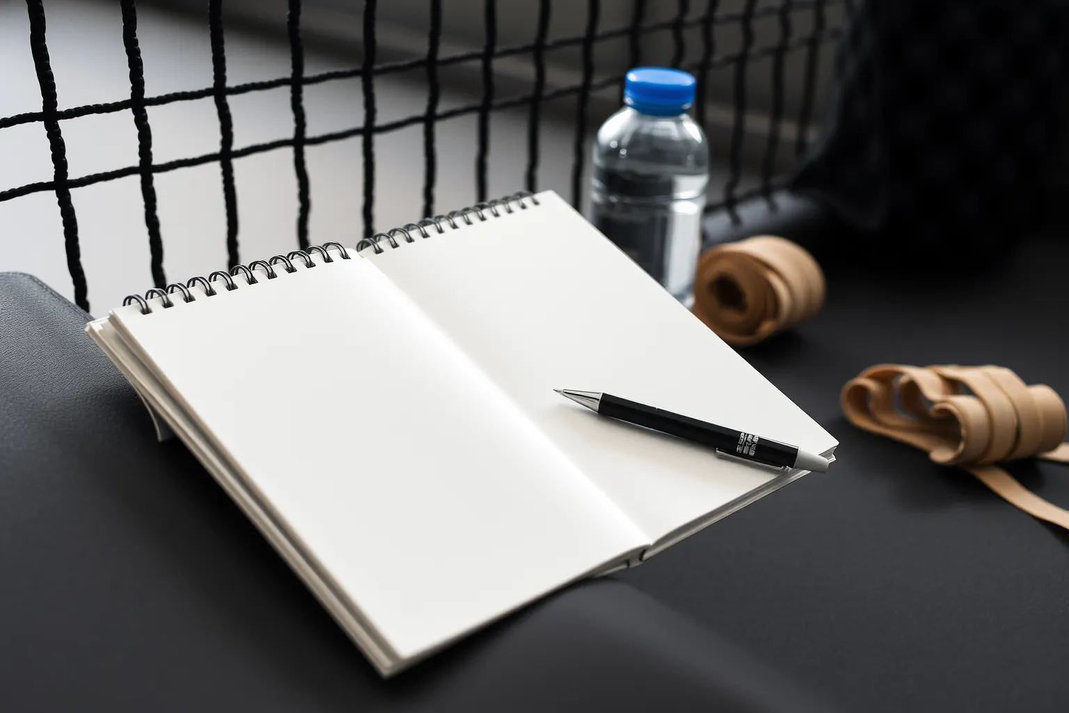 Un carnet ouvert et un crayon posés au bord d'un tapis d'entraînement, près d'une bouteille d'eau et de bandes de mains.