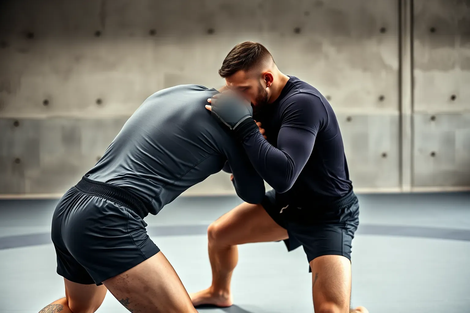Deux athlètes de MMA au corps à corps sur un tapis, cherchant une prise en position debout basse.