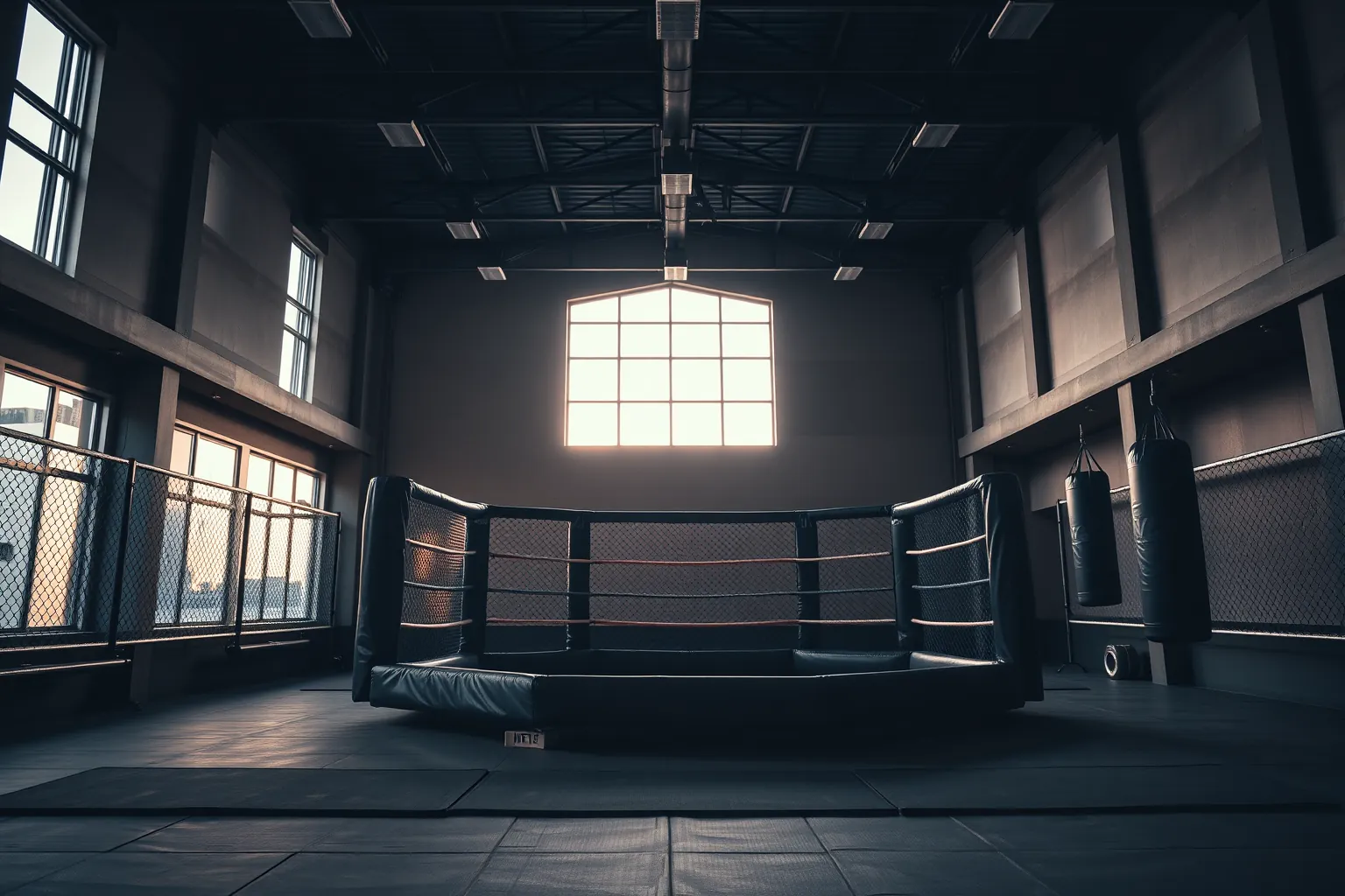 Une salle de MMA vide au petit matin, avec la cage, des sacs de frappe et des tapis au sol.