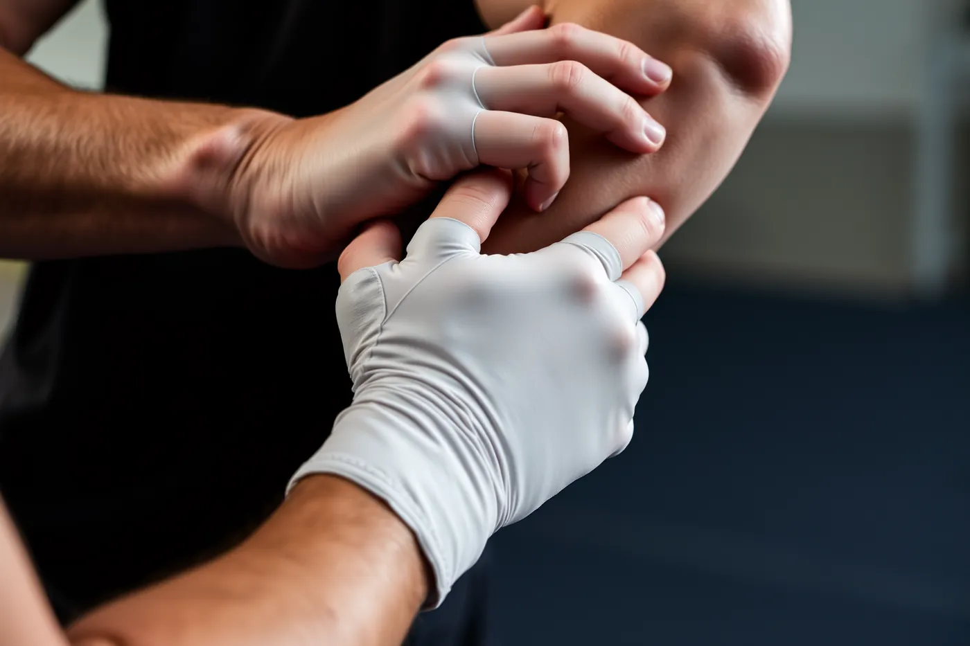 Gros plan de deux mains aux phalanges bandées, l'une saisissant l'avant-bras d'un partenaire lors d'un corps à corps.