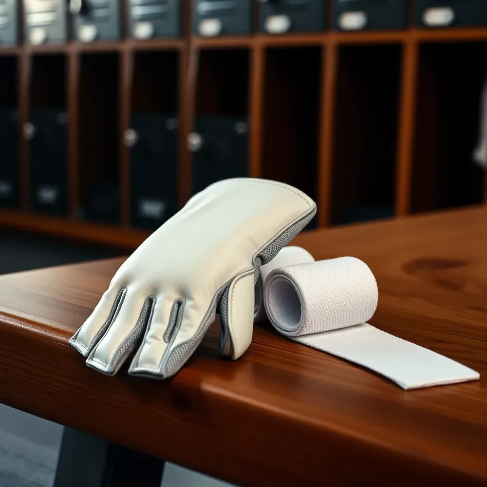 Un banc de vestiaire de salle de MMA avec des gants, une bande de main et un protège-dents.